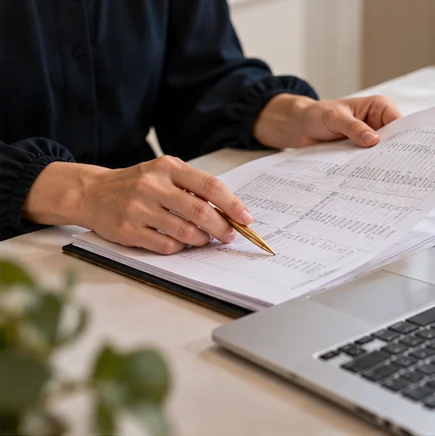 Illustrative review of business records beside a laptop