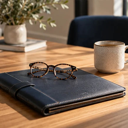 Illustrative glasses and document folder for financial administration